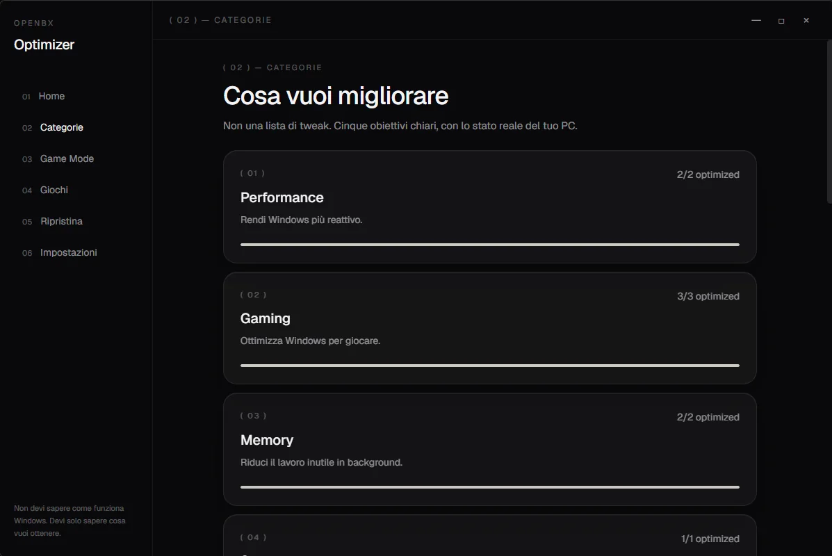 Categorie: Performance, Gaming e Memory con quante impostazioni sono ottimizzate