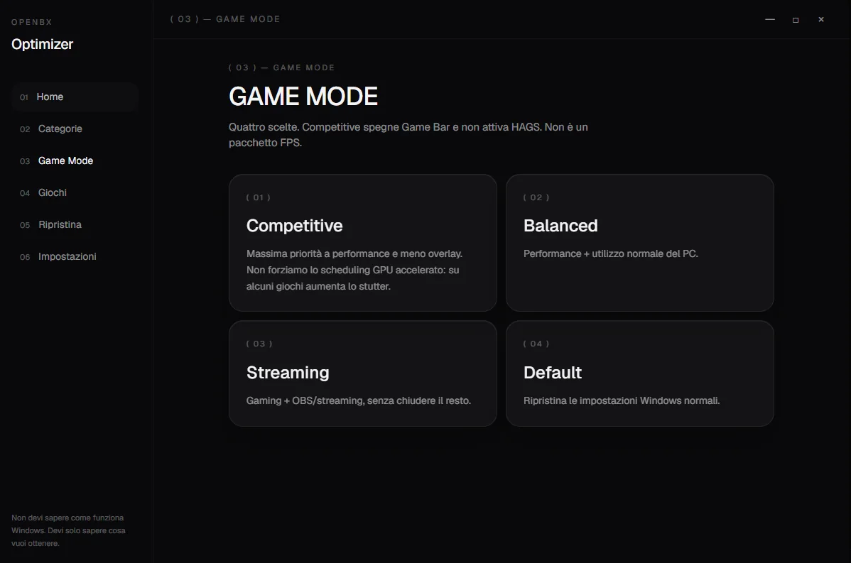 Game Mode: le quattro modalità Competitive, Balanced, Streaming e Default