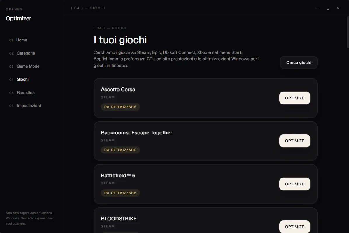 Giochi: i titoli trovati su Steam, ognuno col suo pulsante Optimize