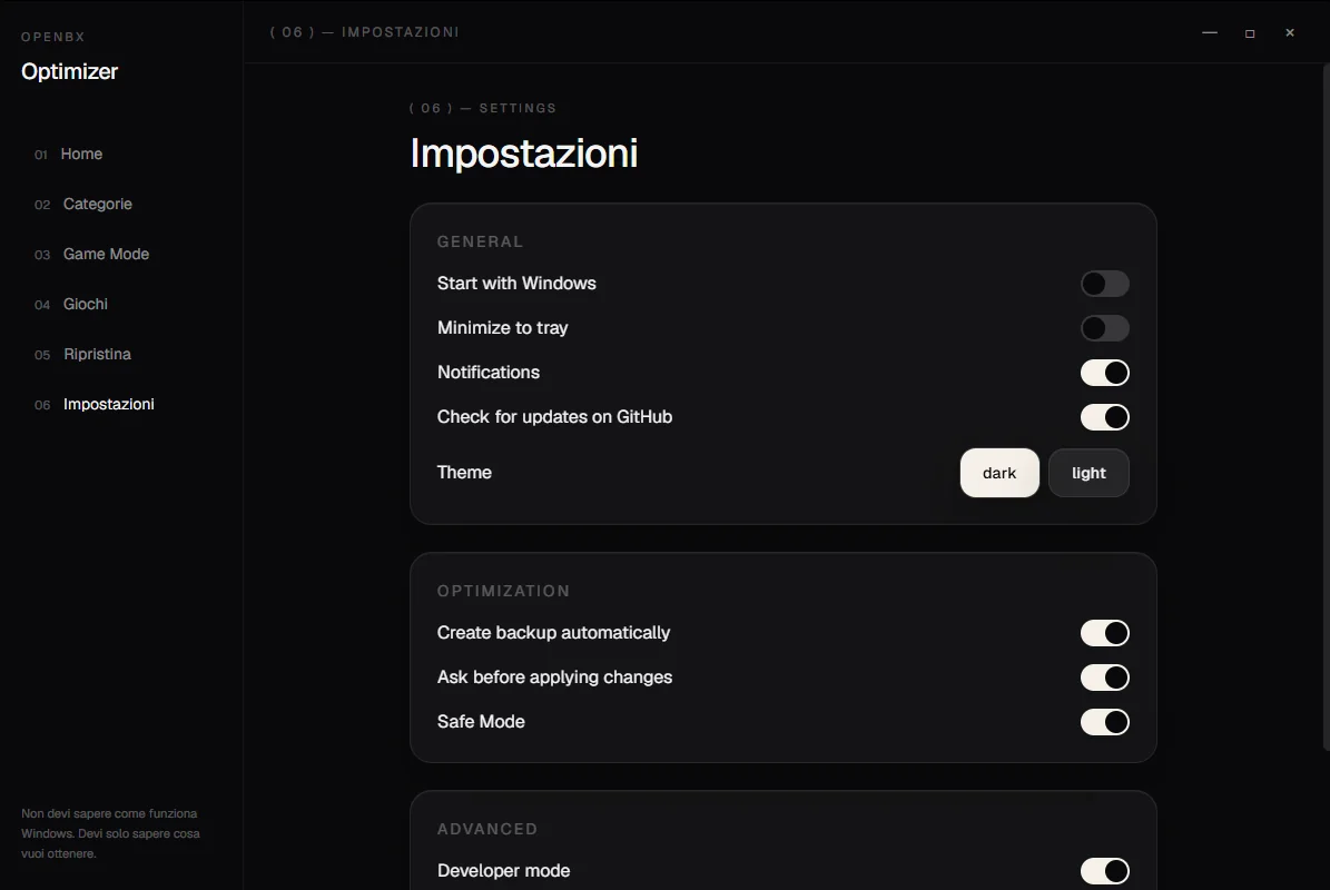 Impostazioni: backup automatico, conferma prima di applicare e Safe Mode